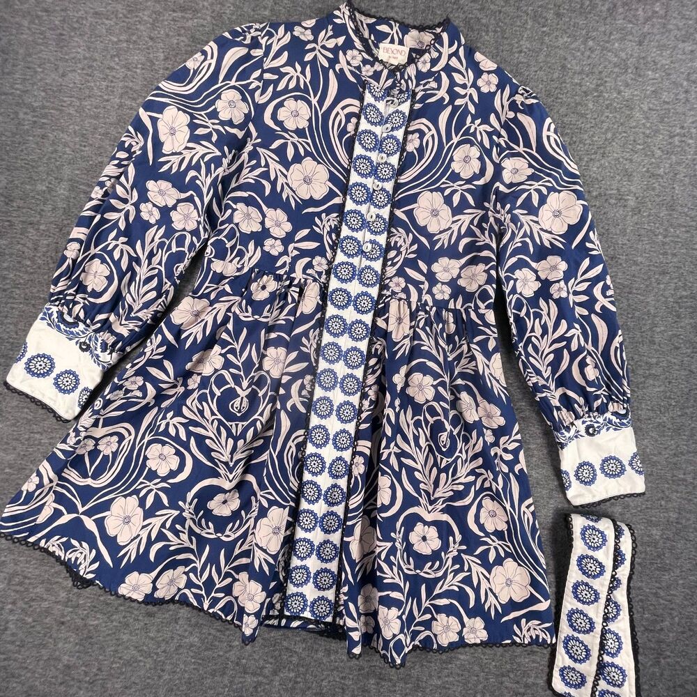 Beyond by Vera Nella Blue Ivory Floral Cotton Mini Dress S Resort Coastal Artsy - Picture 10 of 14